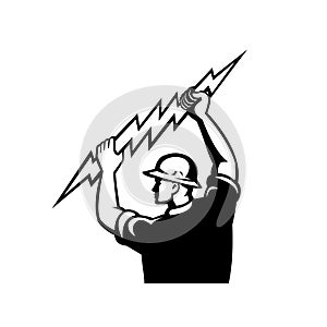 Electrician Wielding Lightning Bolt Side View Retro Black and White