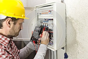Electrician at work measures the electric current