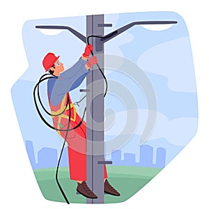 Electrician Worker Character Climbing on Power Line for Repairing. Electrical Facilities Concept with Repairman Engineer