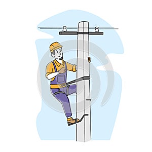 Electrician Worker with Tools and Equipment Climbing on Electric Transmission Tower for Maintenance. Energy Station