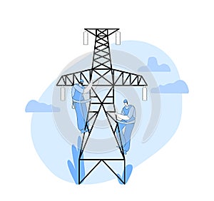Electrician Workers Characters With Tools And Equipment Work On Electric Transmission Tower. Energy Station Maintenance