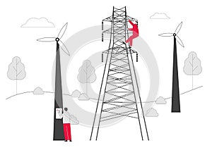 Electrician Workers with Tools and Equipment Electric Transmission Tower Maintenance . Energy Station Powerline in City