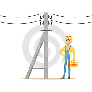 Electrician working on electric power pole, electric man performing electrical works vector Illustration