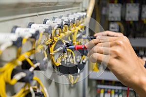 Electricians hands testing current  electric in control panel
