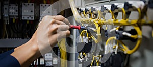 Electricians hands testing current  electric in control panel
