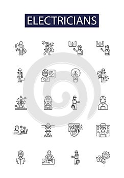 Electricians line vector icons and signs. Electrician, Electric, Wiring, Power, Electrical, Panel, Cable, Lighting