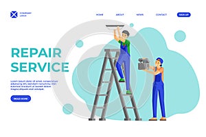 Electricians services flat landing page template. Workman fitting lamp to ceiling standing on ladder, assistant holding