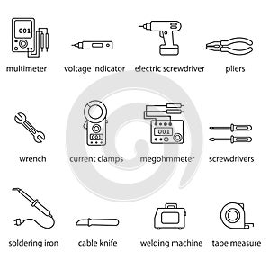 The Electricians tools line icon set