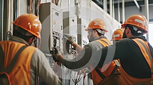 Electricians working on an electrical panel in a building