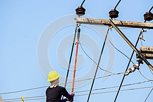 Electricians working to repair the power line