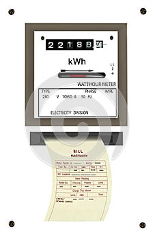 Electricity bill, watthour meter. Isolated