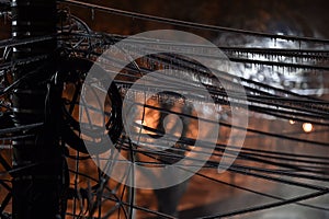 Electricity cables covered in ice after frozen rain