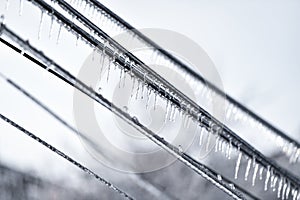 Electricity cables covered in ice after frozen rain