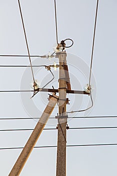 Electricity concept, concrete pole with high voltage wires on insulators.