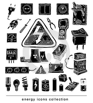 Electricity Doodle icon collection, vector illustration.black