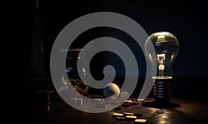 Electricity dusty light bulb glowing. Old light bulb in dark. Generative AI