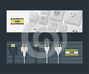 Electricity and electronics set of banners vector illustration. Black and white plugs and electrical outlet. Icon of