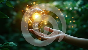 Electricity And Energy Saving Concept: Glowing Light Bulb With Energy Resources Icons In Hand For Sustainable photo