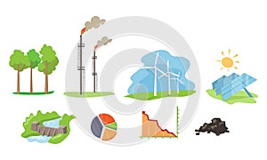 Electricity and energy sources set, wind, hydro, solar power generation facilities vector Illustration on a white