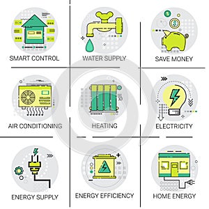 Electricity Energy Supply Power Invention, Heating, Smart Control, Air Conditioning Icon Set