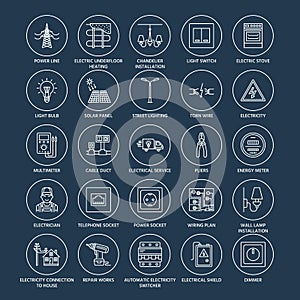 Electricity engineering vector flat line icons. Electrical equipment, power socket, torn wire, energy meter, lamp