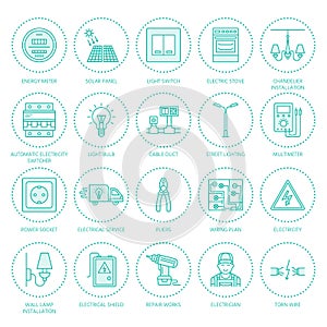 Electricity engineering vector flat line icons. Electrical equipment, power socket, torn wire, energy meter, lamp