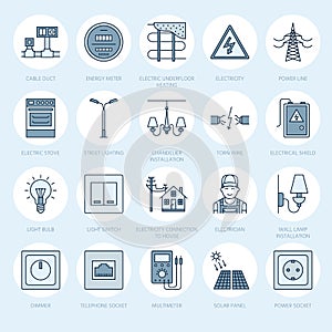 Electricity engineering vector flat line icons. Electrical equipment, power socket, torn wire, energy meter, lamp