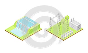 Electricity generation. Hydroelectric power station and high voltage electricity power transmission grid. Alternative