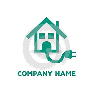 Electricity green house with plug home repair vector logo icon