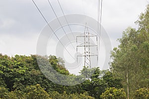 Electricity High voltage Line deliver electricity over long distances. Electric power transmission. Overhead power line. electric