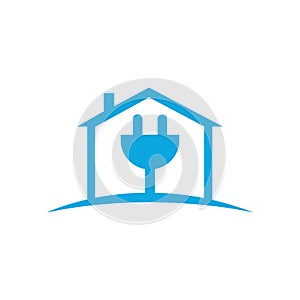Electricity house with plug home repair vector logo design.