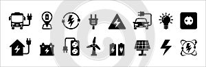 Electricity icon set. Renewable green energy icons illustration. Electric powered bus and car vehicle symbol. Contains icon such