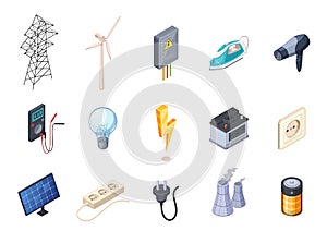 Electricity Isometric Icons Set