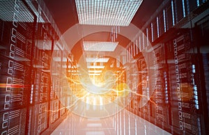 Electricity lightning in servers data center room storage systems 3D rendering