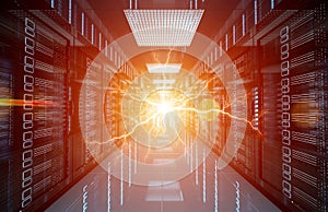 Electricity lightning in servers data center room storage systems 3D rendering