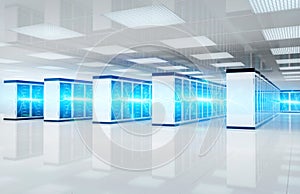 Electricity lightning in servers data center room storage systems 3D rendering