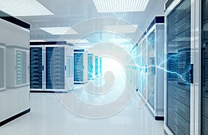 Electricity lightning in servers data center room storage systems 3D rendering