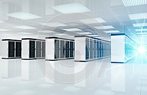 Electricity lightning in servers data center room storage systems 3D rendering