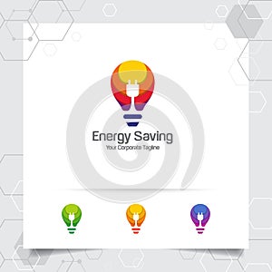 Electricity logo bulb design concept of electric plug vector and lamp icon. Energy logo used for power plants and electric product