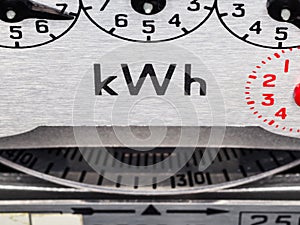 Electricity meter dial close-up, focus on KWH symbol.