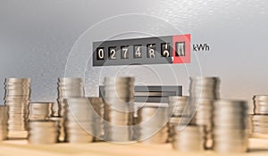 Electricity meter with many coins. Expensive energy and power consumption concept. 3D rendered illustration