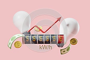 Electricity meter and rising red line, lightbulb and falling money