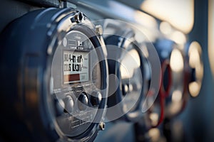 Electricity meter showing digital readings in industrial setting. Generative AI photo