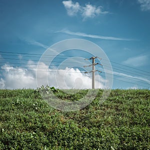 Electricity pole, green river bank and blue sky