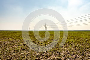 Electricity pole with high tension power transmission cable in green fields of countryside area
