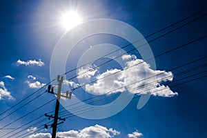 Electricity pole with sun in background
