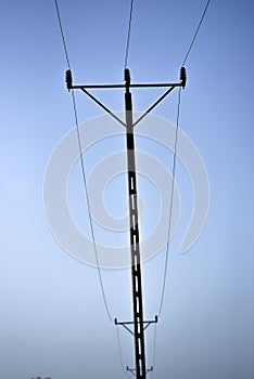 Electricity poles against the blue sky in Poland in the countryside.