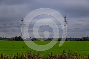 Electricity poles in the field. Electricity travels by wire. Russian electricity