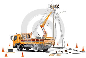 Electricity poles high voltage worker team with lift truck infographic cartoon