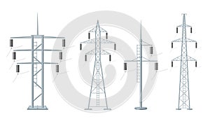 Electricity poles. Power high voltage constructions from metal decent vector realistic templates